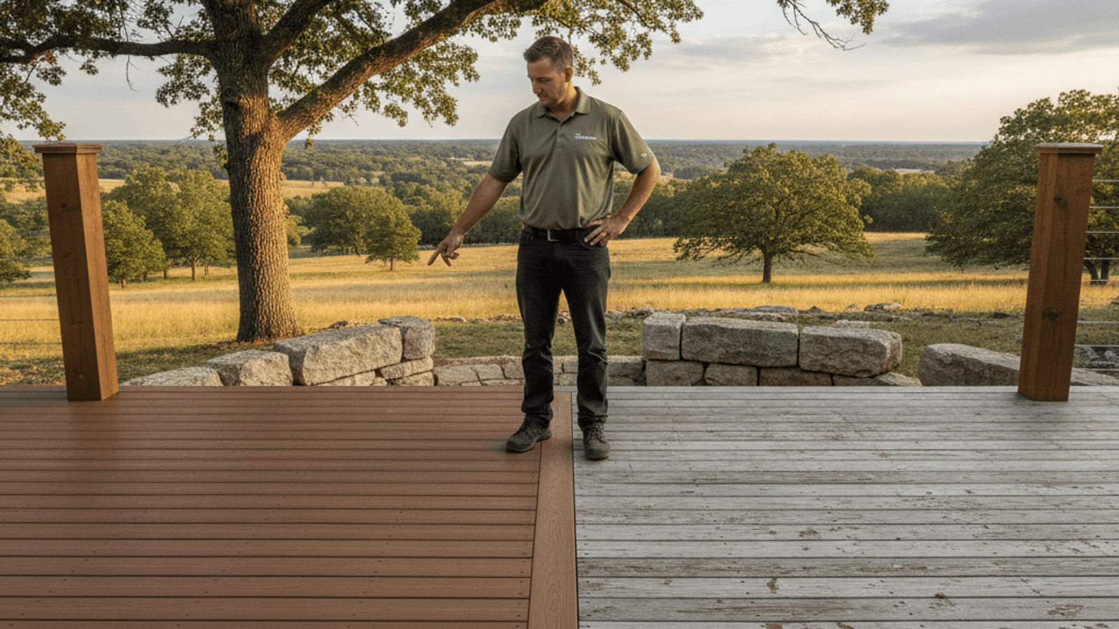Composite decking installed next to weathered wood decking in Topeka