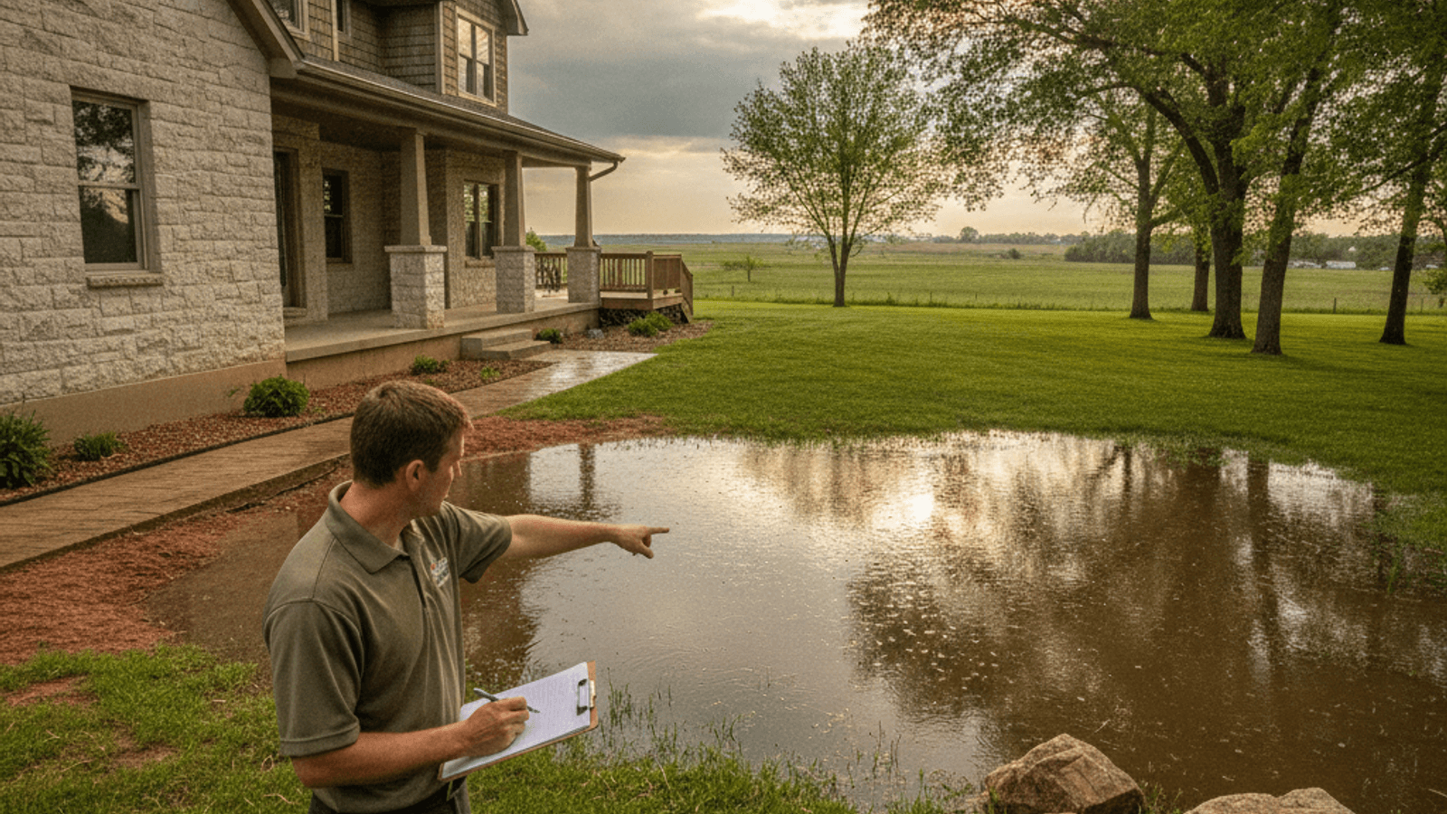 Standing water pooling in a Topeka backyard after a spring storm