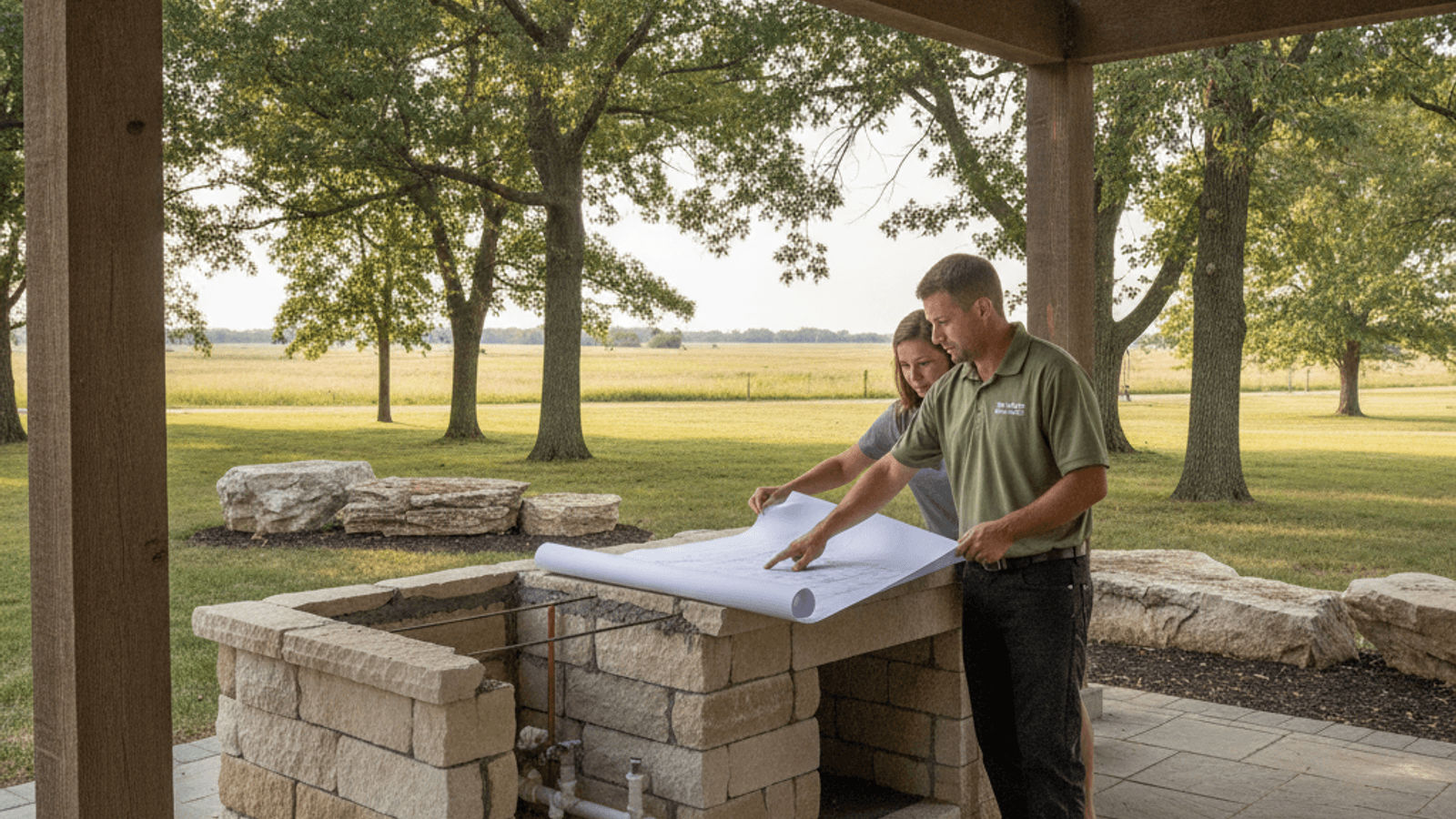 Outdoor kitchen built-in grill counter under a covered structure in Topeka