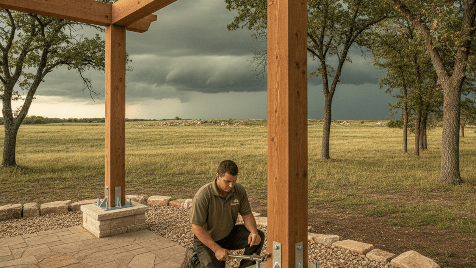 Wind-anchored pergola structure in a Topeka backyard ahead of storm season