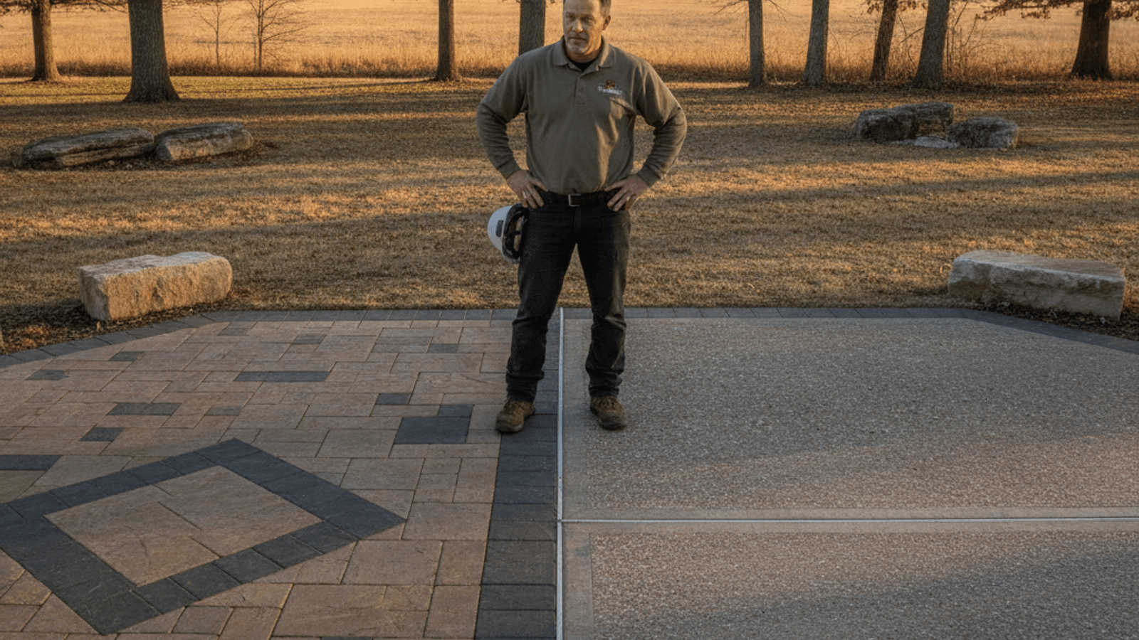 Side-by-side paver and concrete patio sections in a Topeka backyard