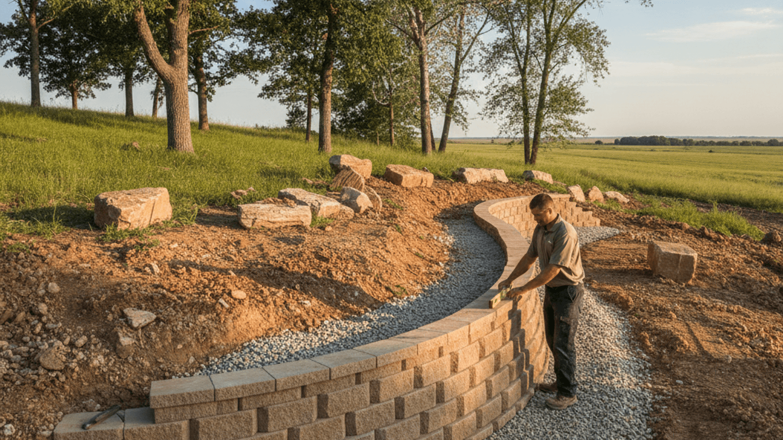 Segmental block retaining wall under construction on a sloped Topeka lot