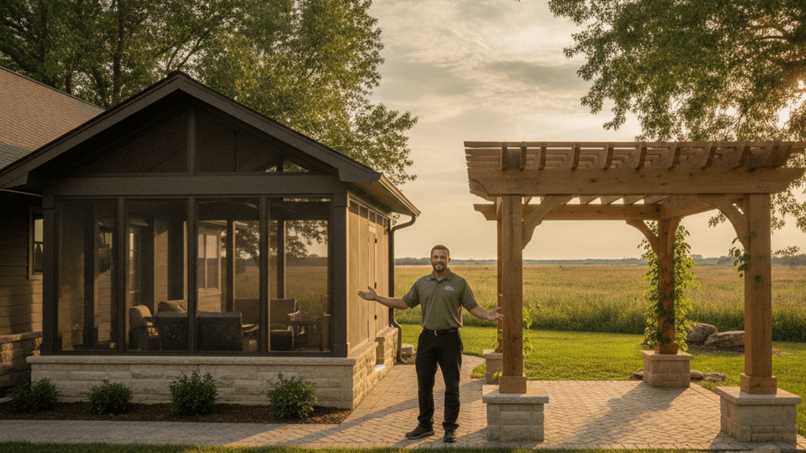 Screened porch and open pergola side by side on a Topeka home