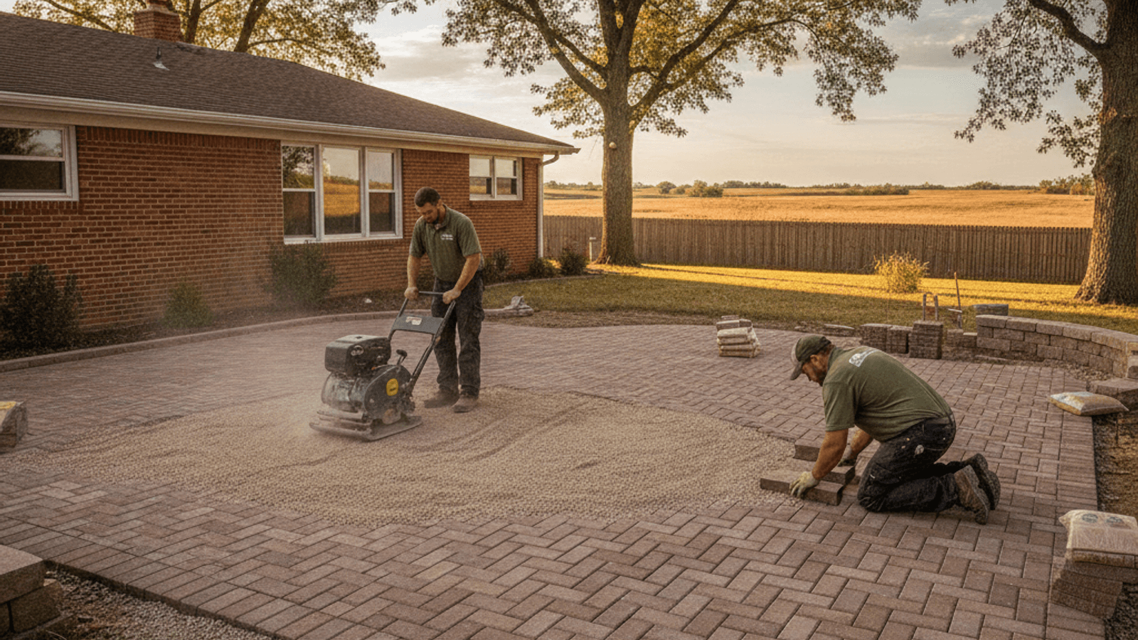 Contractor building a paver patio in a Greater Topeka backyard