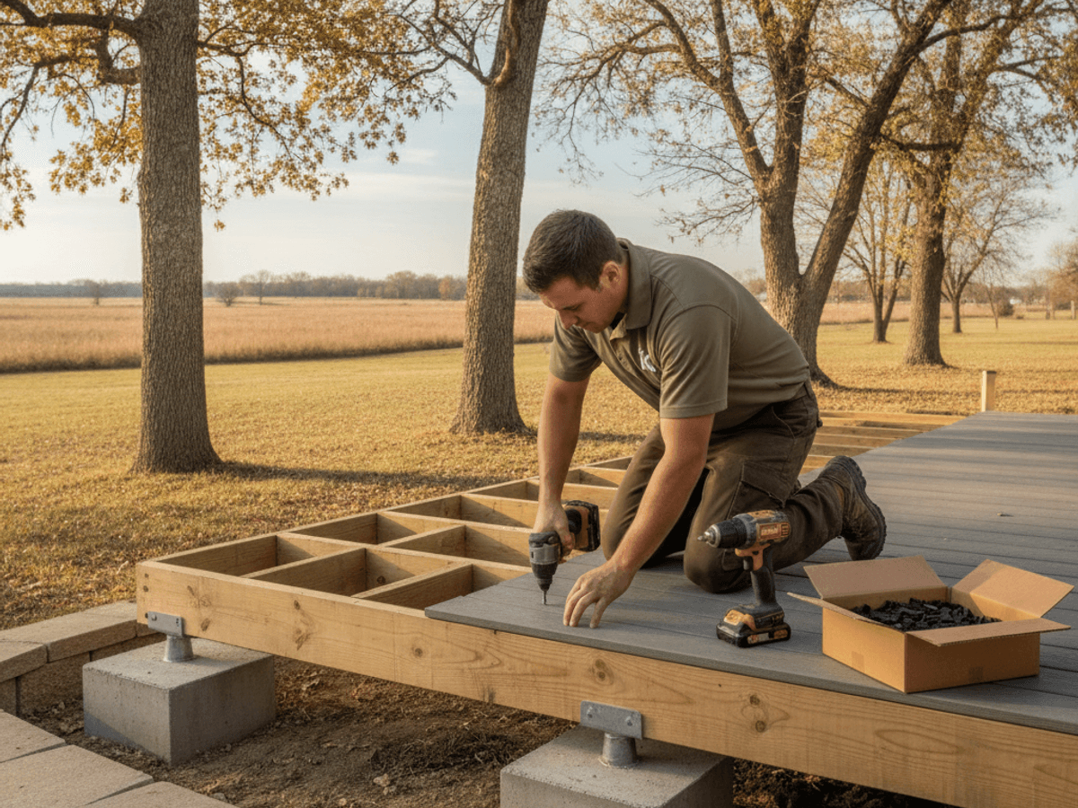 Composite deck under construction in a Topeka backyard