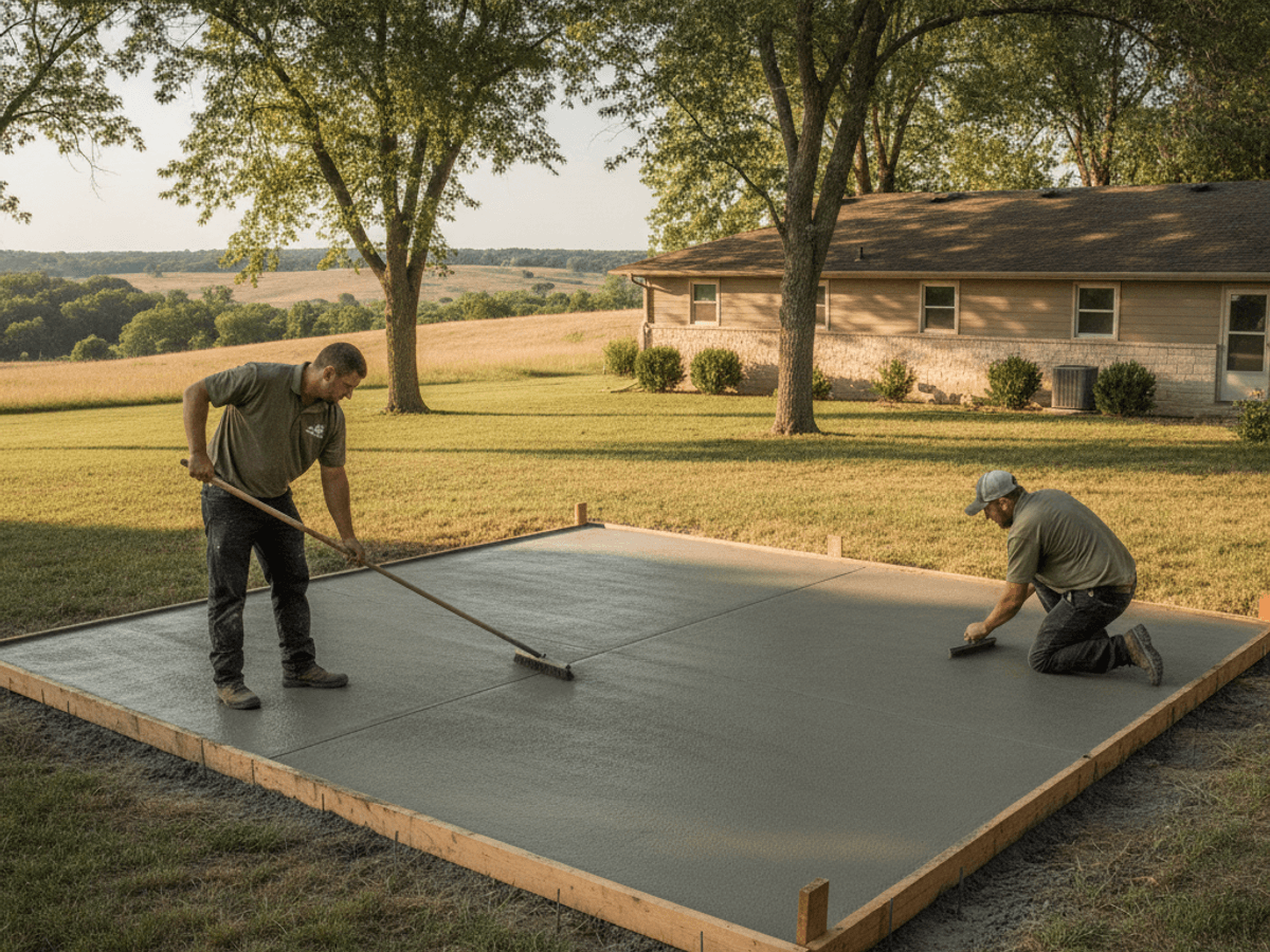 Freshly poured concrete patio with broom finish in a Topeka backyard