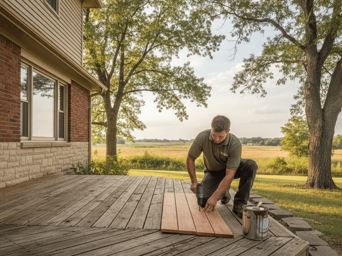 Deck board replacement and staining in progress on a Topeka home