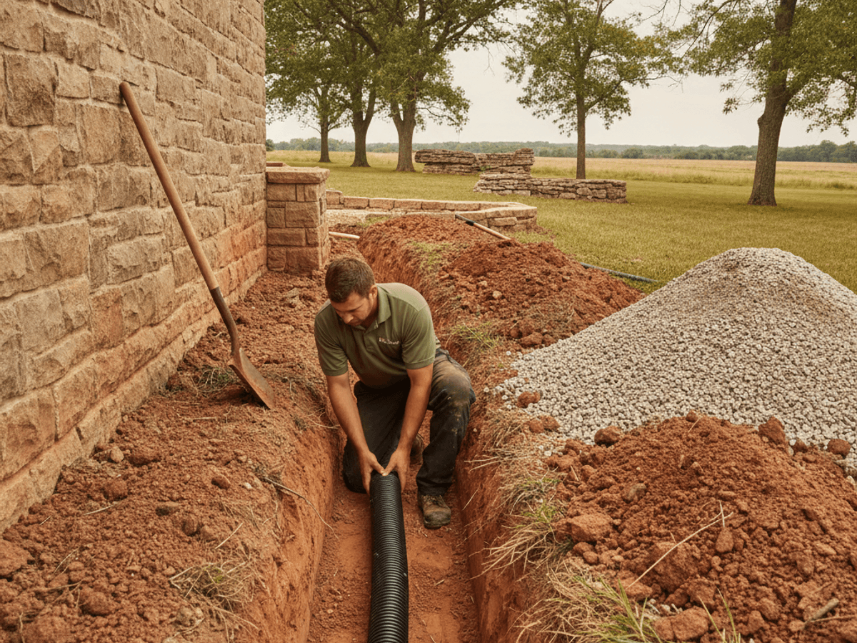 French drain installation being trenched in a Topeka yard