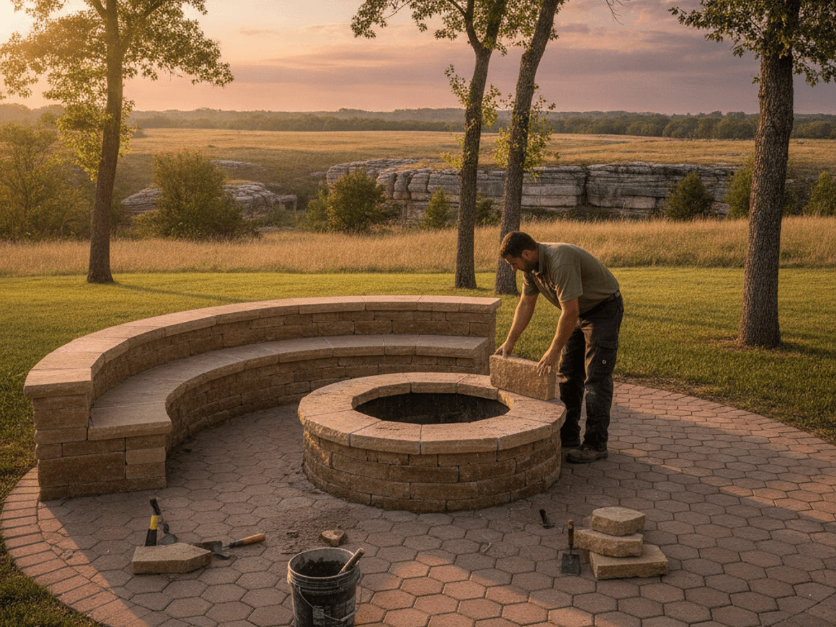 Stone fire pit with seating wall in a Topeka backyard