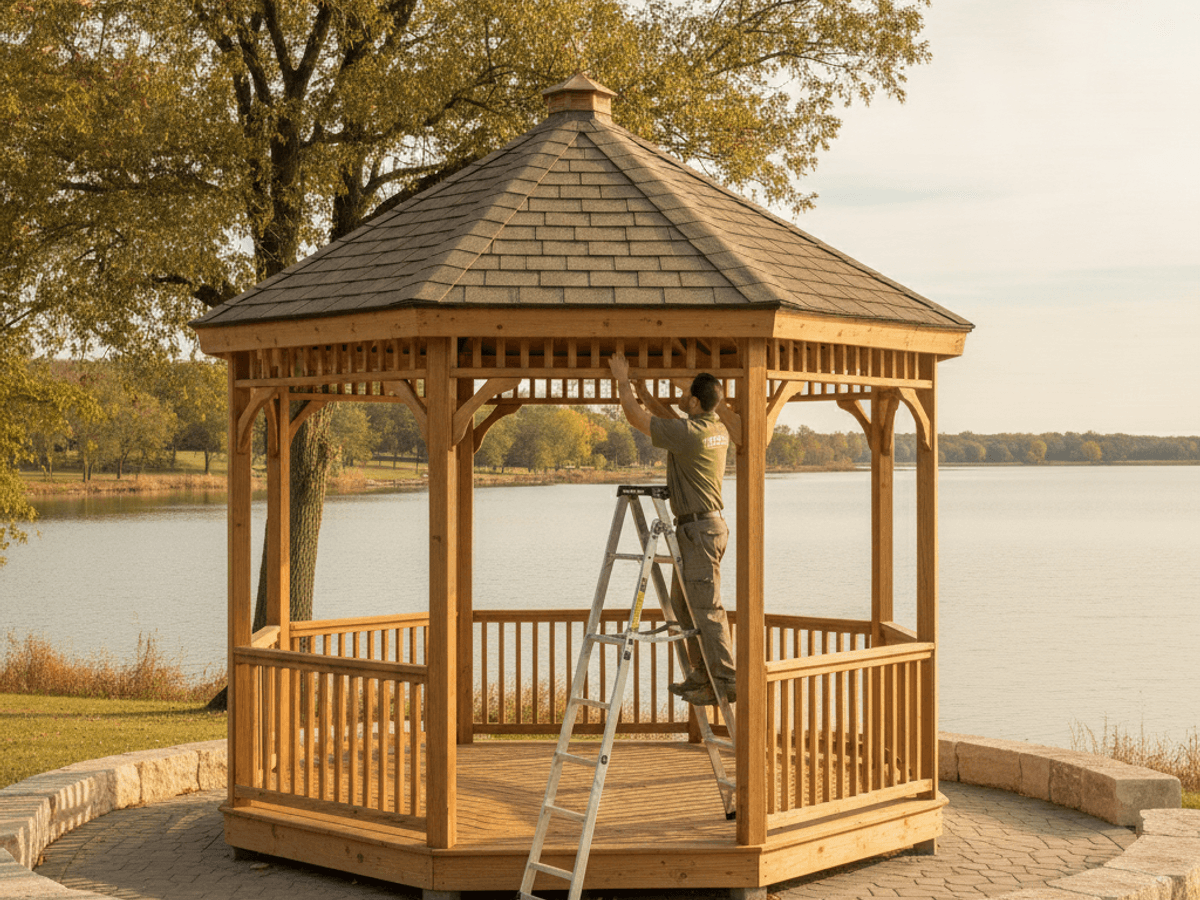 Wood gazebo structure near a lake in the Topeka area