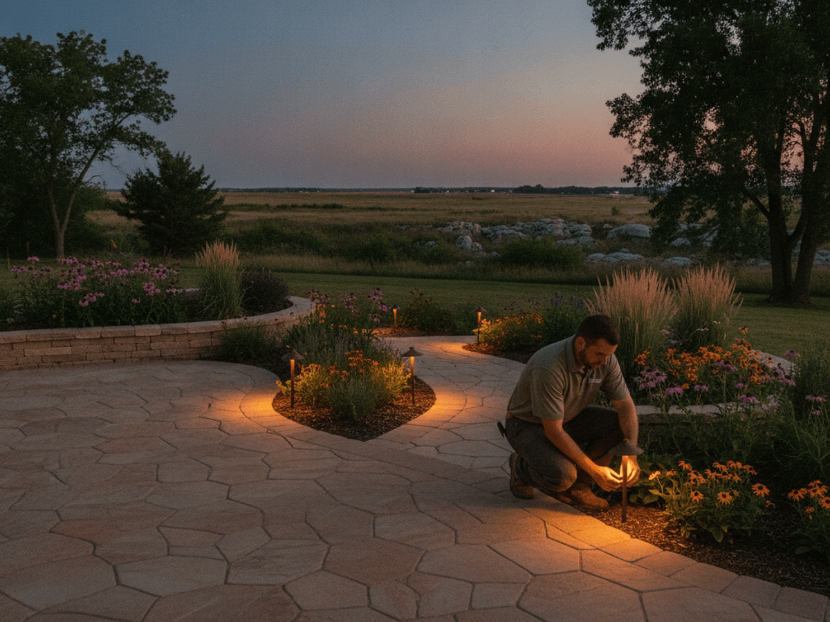 Low-voltage landscape lighting illuminating a Topeka patio at dusk