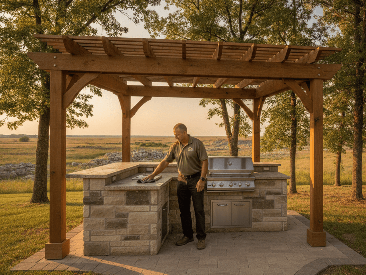 Outdoor kitchen with built-in grill under a covered structure in Topeka