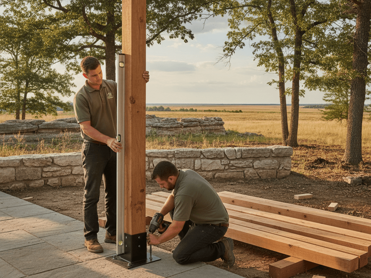 Wood pergola over a patio in a Topeka backyard