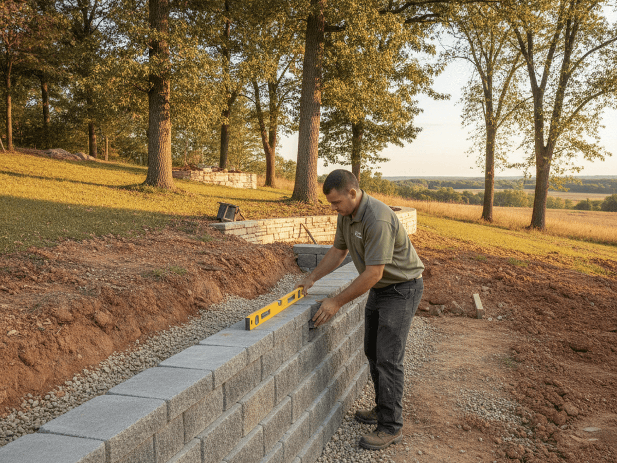 Segmental block retaining wall holding back a sloped Topeka yard